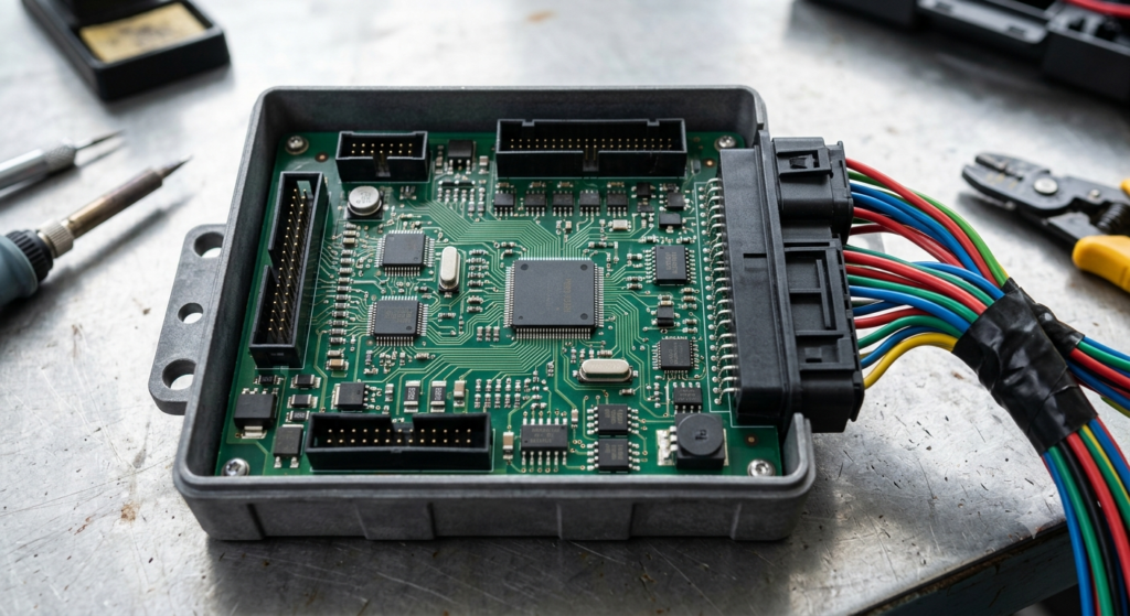 Open automotive Body Control Module (BCM) circuit board sitting on a professional workbench.